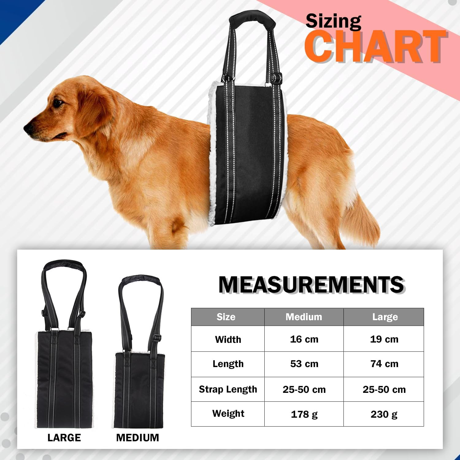 Dog Lift Support Harness Portable Sling for Support to Help Dogs Rear Rehabilitation and Disable Injured Elderly Pet - Helps Dog with Weak Front or Rear Legs Walk, Get into Cars, Climb Stairs - Medium