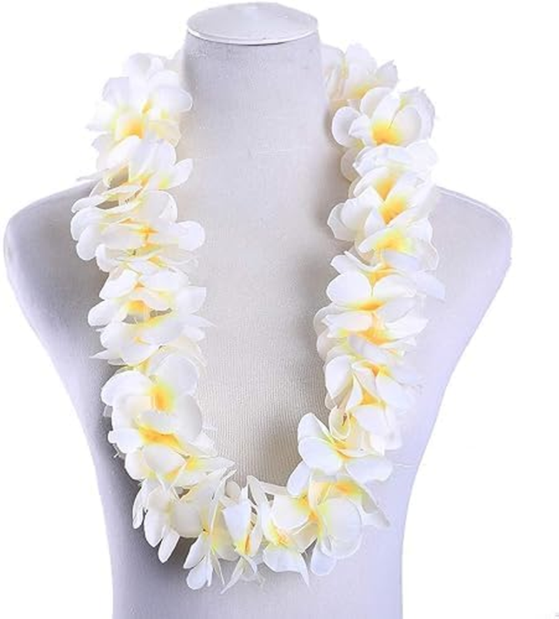 UNITOPS Pack of 6 Hawaiian Leis Necklace Tropical Luau Hawaii Wreaths Silk Flower Lei Thickened Dance Garland Flower Leis for Party Favor Hula Hawaiian Party Supplies (White, 6) image number 3