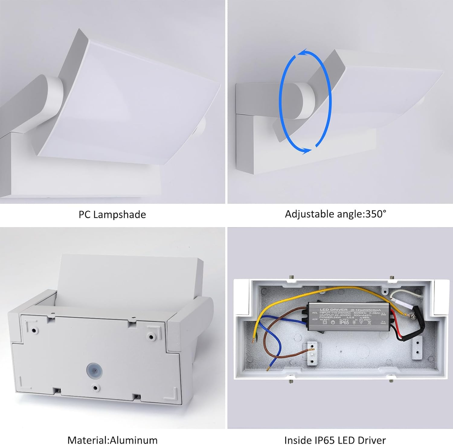 Klighten 24W LED Wall Light Outdoor Indoor Waterproof IP65 Wall Lamp Modern Aluminum outside Wall Light with Swiveling LED Panel for Entrance Garden Corridor, White, Cold White 5700K-6000K image number 2