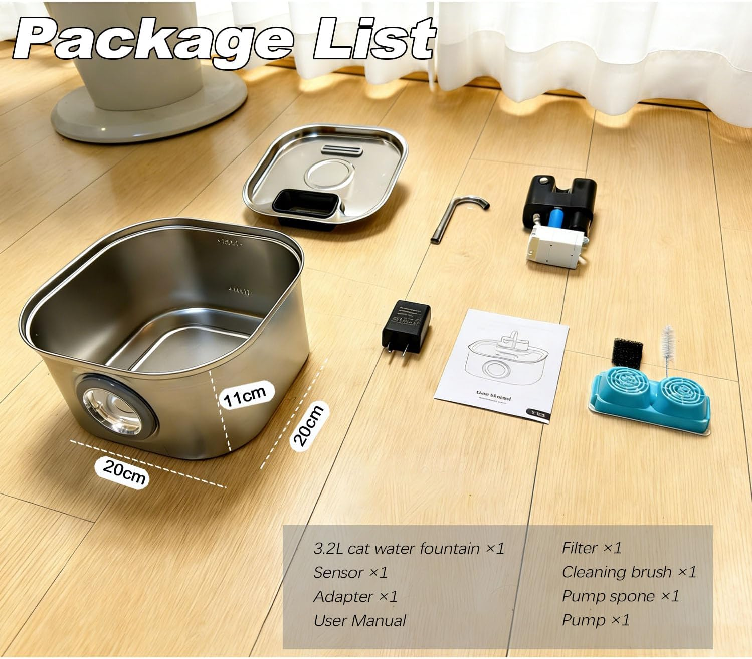 Wireless Cat Water Fountain Stainless Steel, 3.2L/108Oz Pet Water Fountain for Cats inside with Level Window, Ultra-Quiet Pump Pet Dispenser with Five Filters for Cats,Dogs, Dishwasher Safe (Silvery)