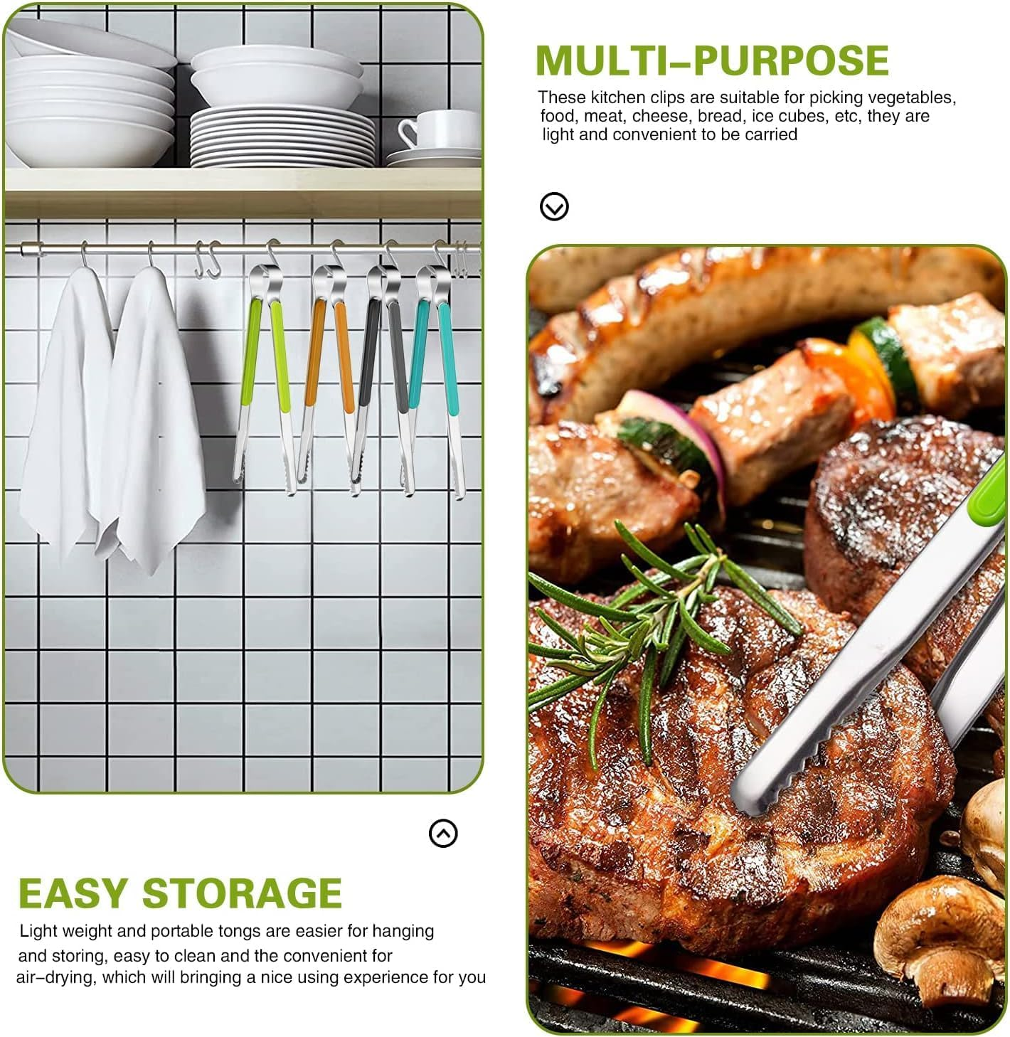 4Pcs Stainless Steel Kitchen Tongs, Metal Food Tongs with Non-Slip Comfort Grip, Non-Stick Cooking Tongs Grill Tongs for Barbecue Grilling (Green+Blue+Orange+Black, One Size) image number 2