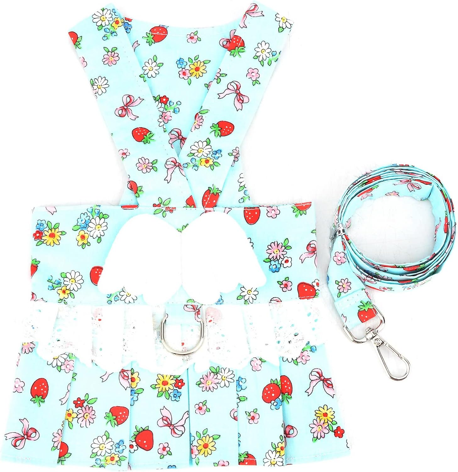 Zunea Small Dog Harness Dress with Leash Set No Pull Puppy Girls Vest Harnesses with Angel Wing Cute Princess Dresses with D Ring Flowers Strawberry Printed Pet Cat Chihuahua Clothes Blue M image number 3
