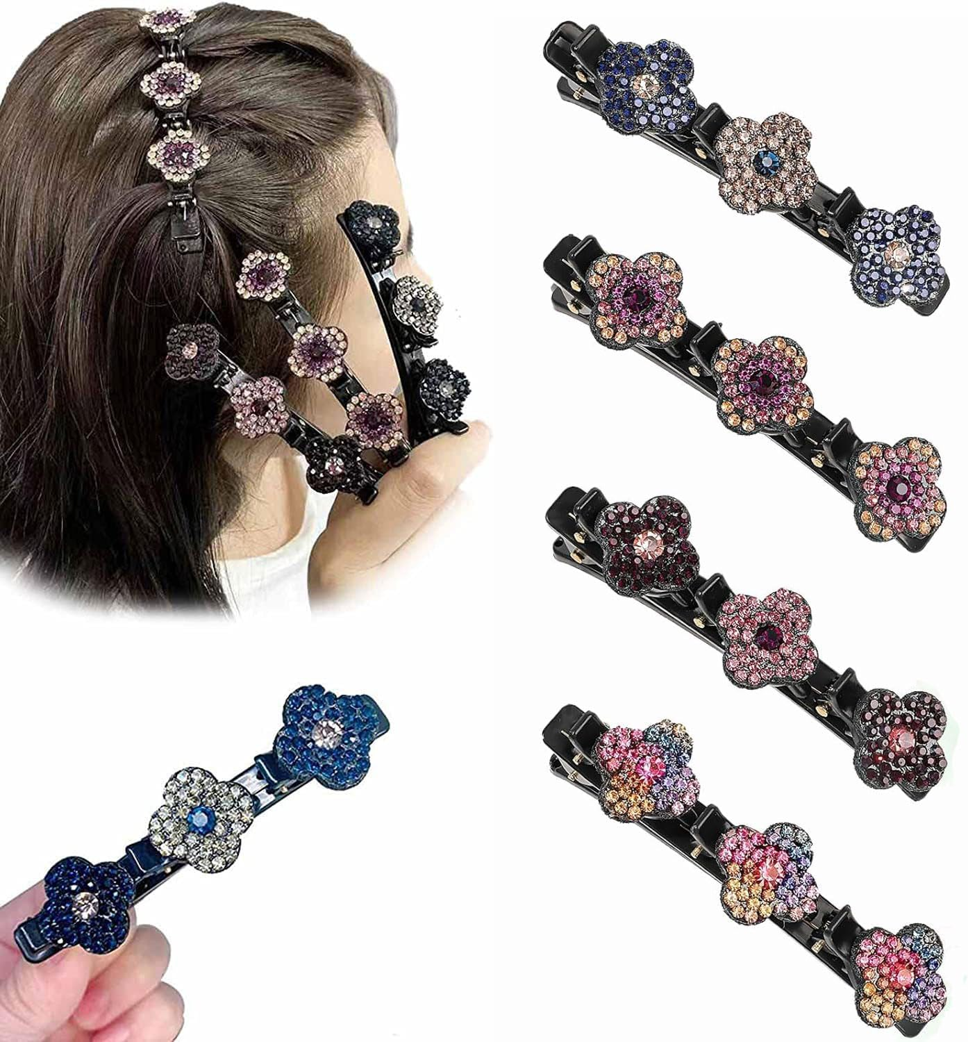 Pack of 4 Women'S Hair Clips, Crystal Hair Clips, Braided Rhinestone Hair Clips, Double Layer Hair Clips with 3 Small Clips for Women and Girls, Daily, Party, Wedding (Colour1) image number 3