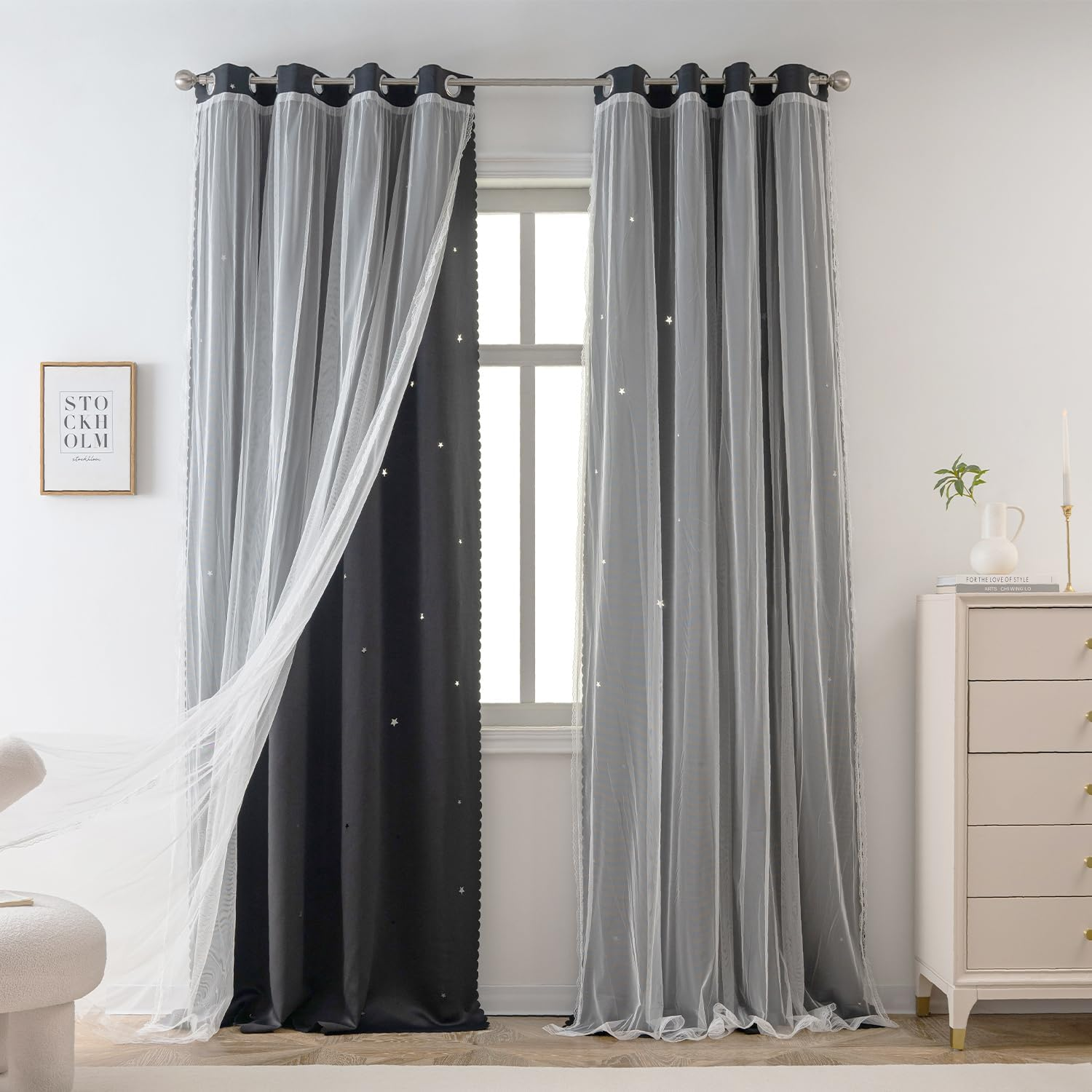 Yancorp Black Curtains for Bedroom Living Room Thermal Insulated Kids Curtain Hollow-Out Star Window Nursery Curtain 63 Inches Length Room Darkening Grommet(Black,52 * 63),1 Panel