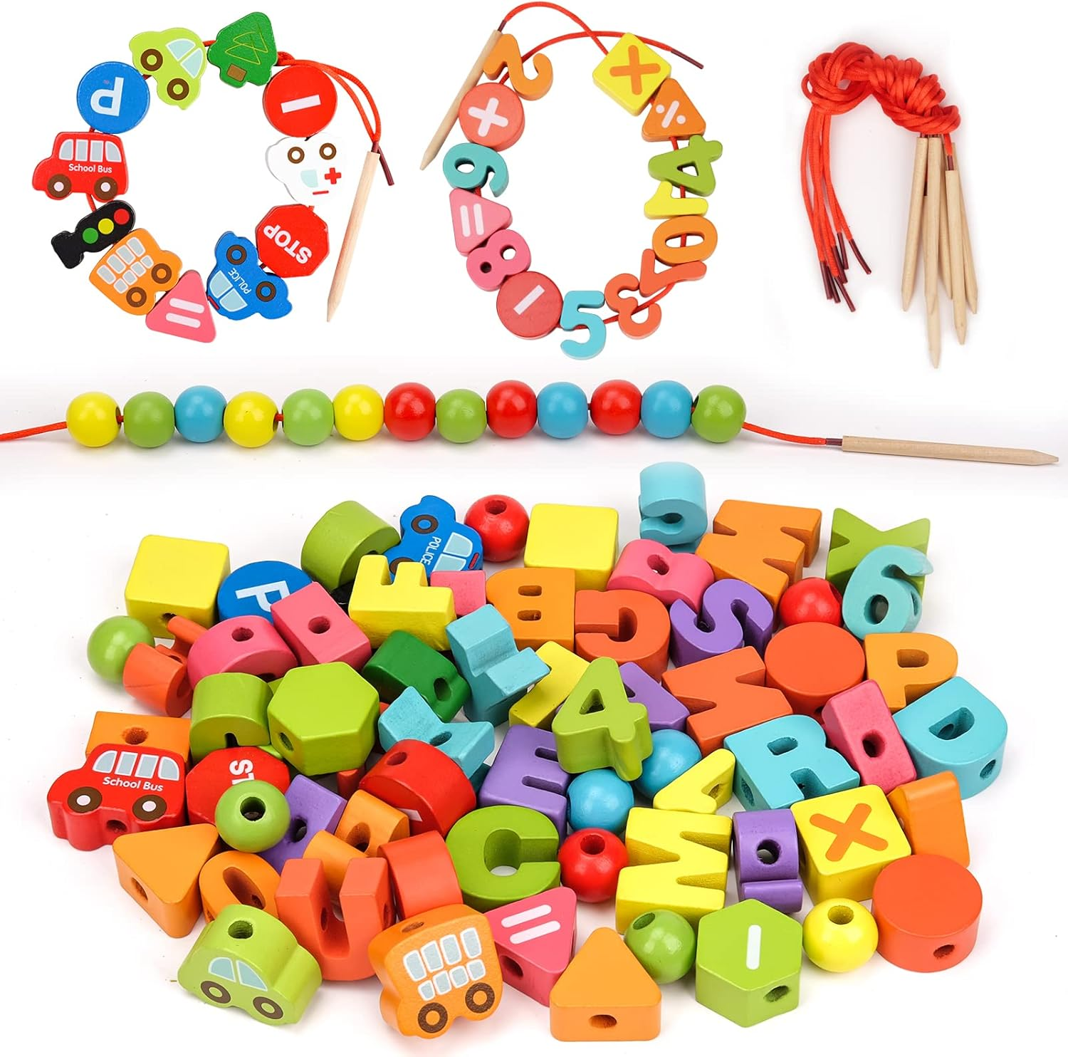 Montessori Sensory Toys for Kids Age 2-3-4, Wooden Toddlers Educational Toys Gifts for 1-3 Year Old Girl Boy Fine Motor Skills Preschool Activities Present Travel Toys Threading & Stacking Letter Car image number 4