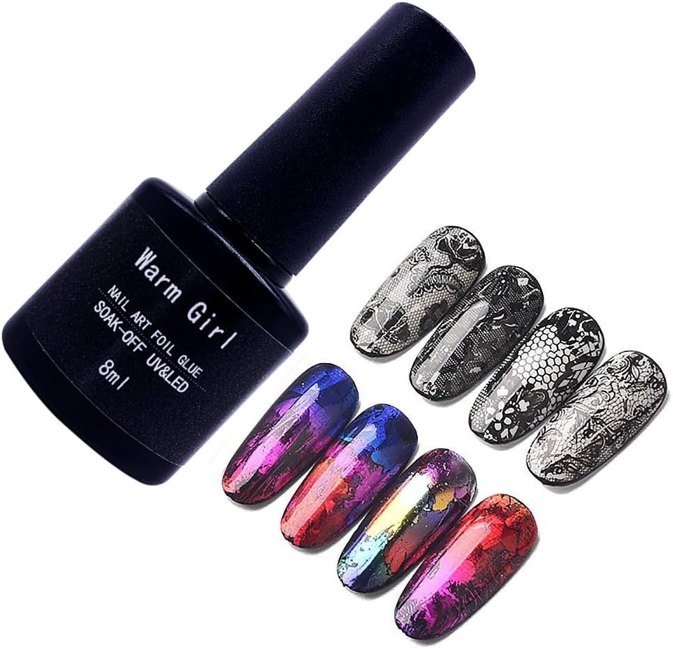Warm Girl 2Pcs 8ML Nail Art Foil Glue Gel, 20Pcs Starry Sky Foil Stickers Set Nail Transfer Tips Manicure Art DIY UV LED Lamp Required#03