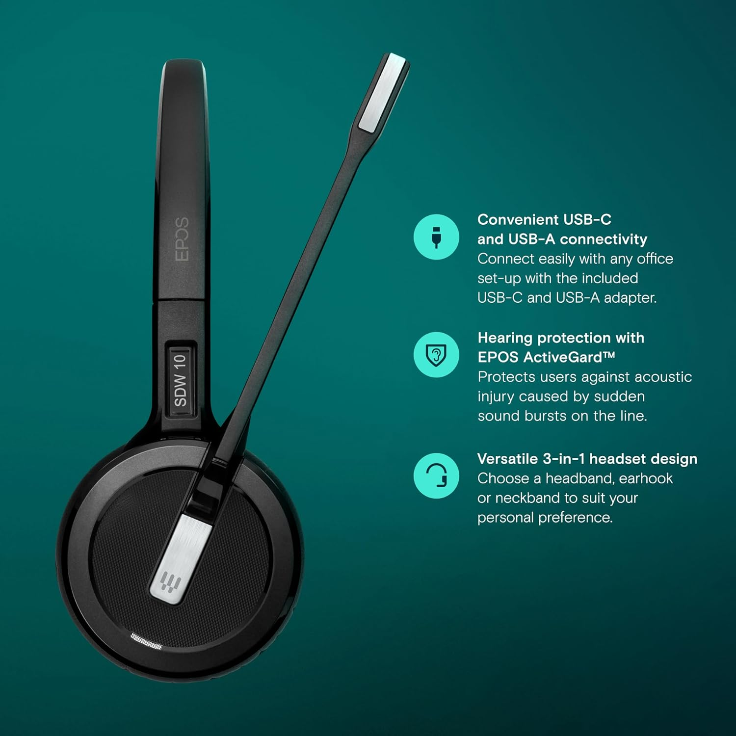 EPOS Impact 5000 Go MS 3-In-1 - Professional DECT Wireless Headset with Noise Cancelling Microphone, Microsoft Teams Certified, 135 M Range, Foldable Charging Station & USB-A Dongle image number 6