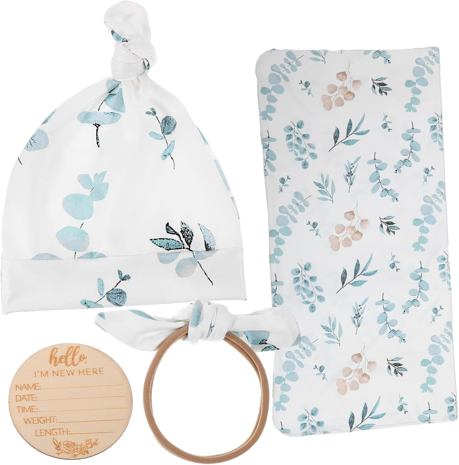 4-Piece Newborn Swaddle Set with Hat and Headband Eucalyptus Leaves Soft Cotton Receiving Blanket for Baby Girls image number 3