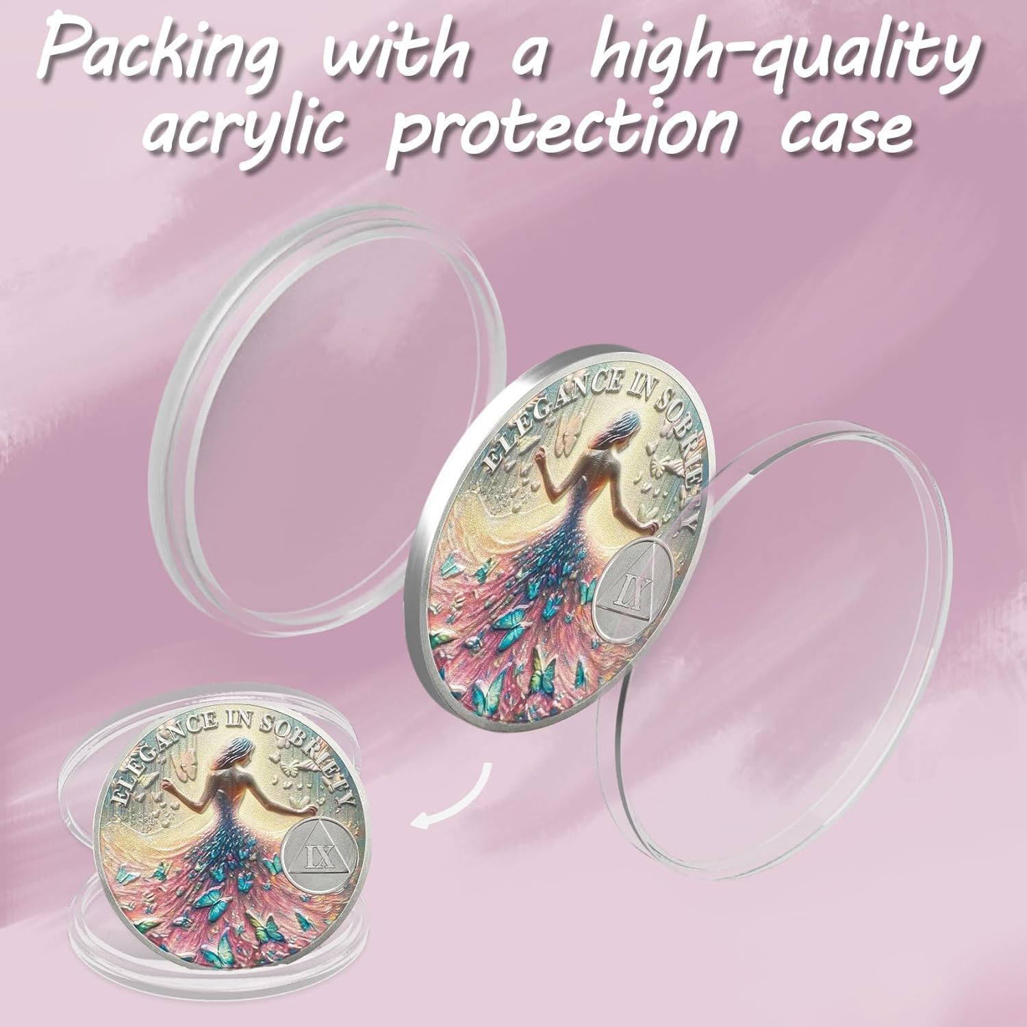 ACGZQY 9 Year Elegance Women Sobriety Coin - Colorful Butterfly Sober Woman AA Coins and Medallions Inspirational Recovery Coin Sobriety Chips - New Beginning NA AA Token Sobriety Gifts image number 2