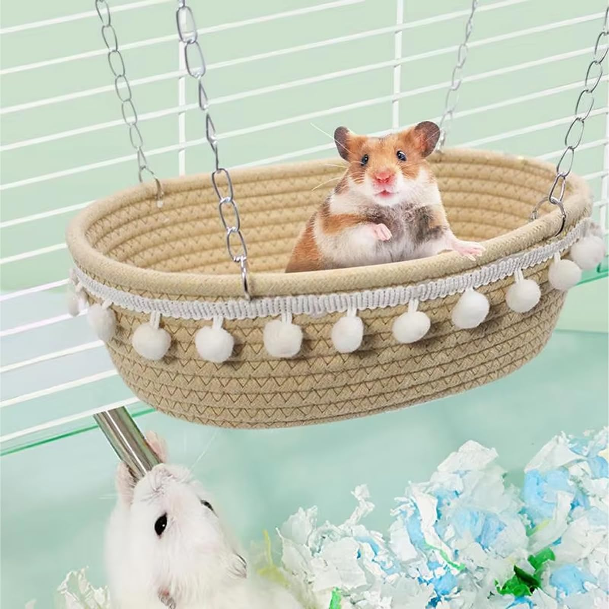 AIMALL Small Pet Hammock for Hamster, Guinea Pig, Rat, Ferret - Soft Cotton Hanging Bed Nest with Pom-Pom Details, Secure Hanging System for Pet Cage - Cozy and Comfortable Resting Spot image number 2