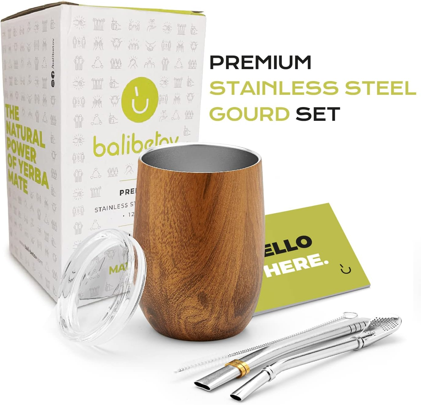 BALIBETOV Modern Mate Cup and Bombilla Set (Yerba Mate Cup) -Yerba Mate Set Includes Double Walled 18/8 Stainless Steel Mate Tea Cup, Two Bombilla Mate (Straw) and a Cleaning Brush (12 Oz, Wood) - Metallic image number 4
