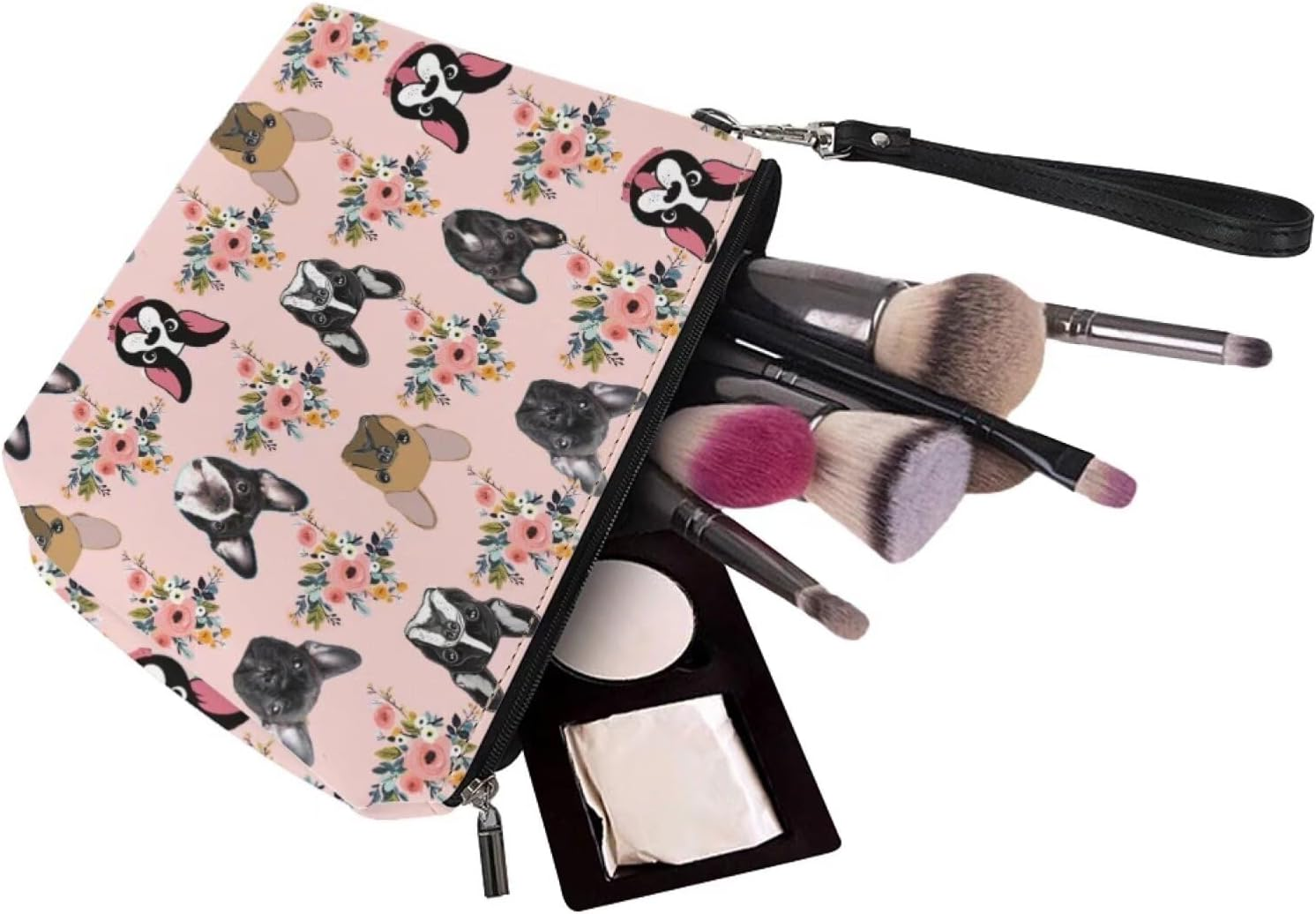 Mumeson Boston Bulldog and Flower Print Women Leather Trapezoid Toiletry Bag,Pink - Cat,Blue image number 6