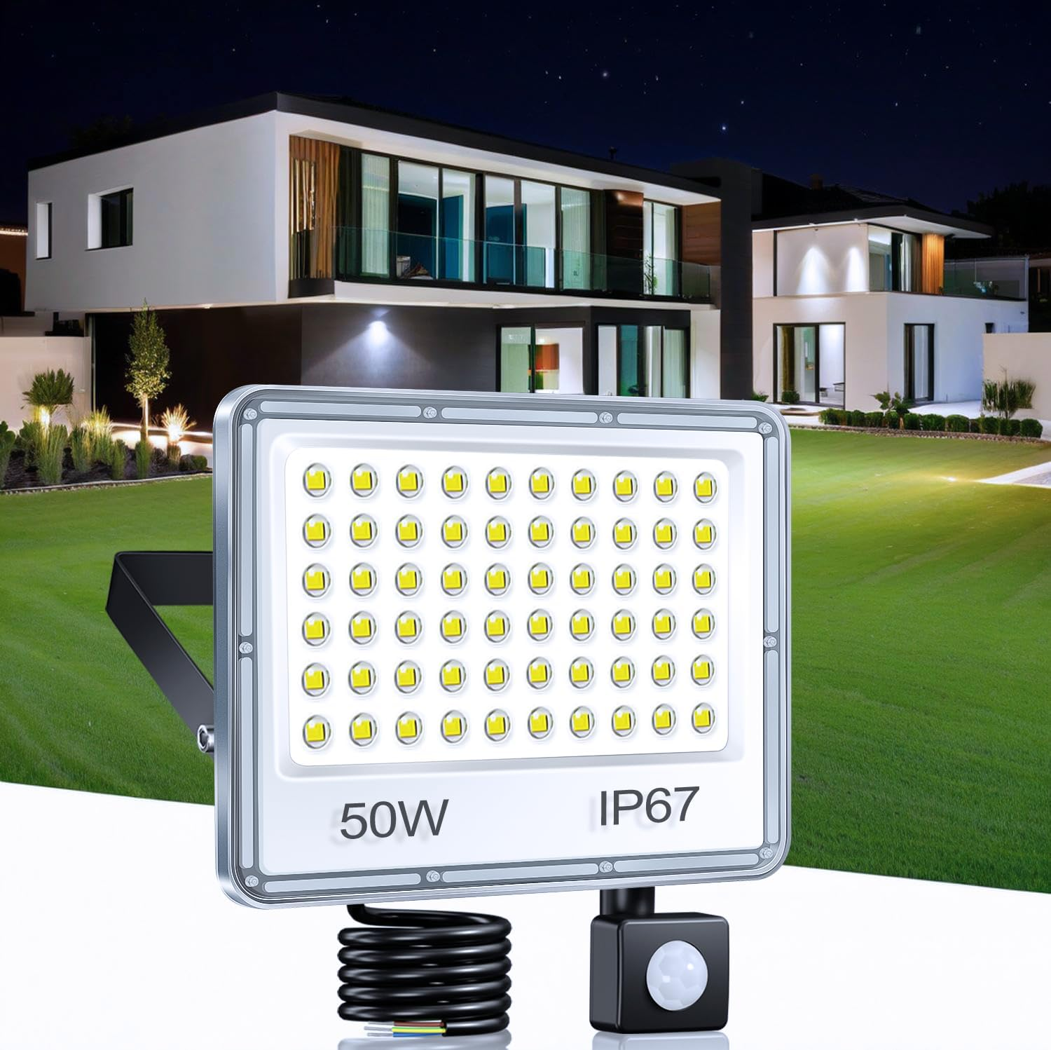 TASINUO Outdoor LED Floodlight with Detector 50 W, 5000 LM 6500 K Outdoor LED Spotlight Motion Detector, IP67 Waterproof 60 Leds with Detector for Garden, Patio, Garage