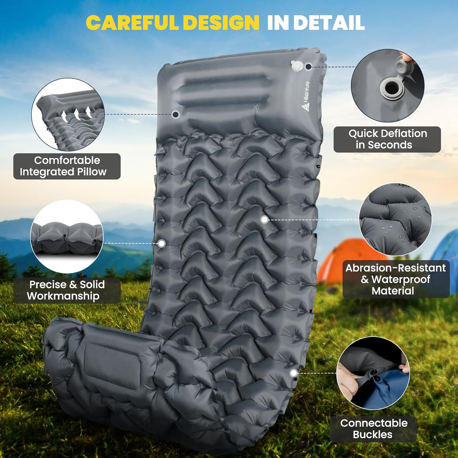 HIKENTURE Camping Mattress Sleeping Mat, Inflatable Backpacking Sleeping Pad Camping Mat with Built-In Foot Pump, Protable Lightweight Camping Bed Air Mattress for Camping & Hiking Equipment (Grey) image number 3