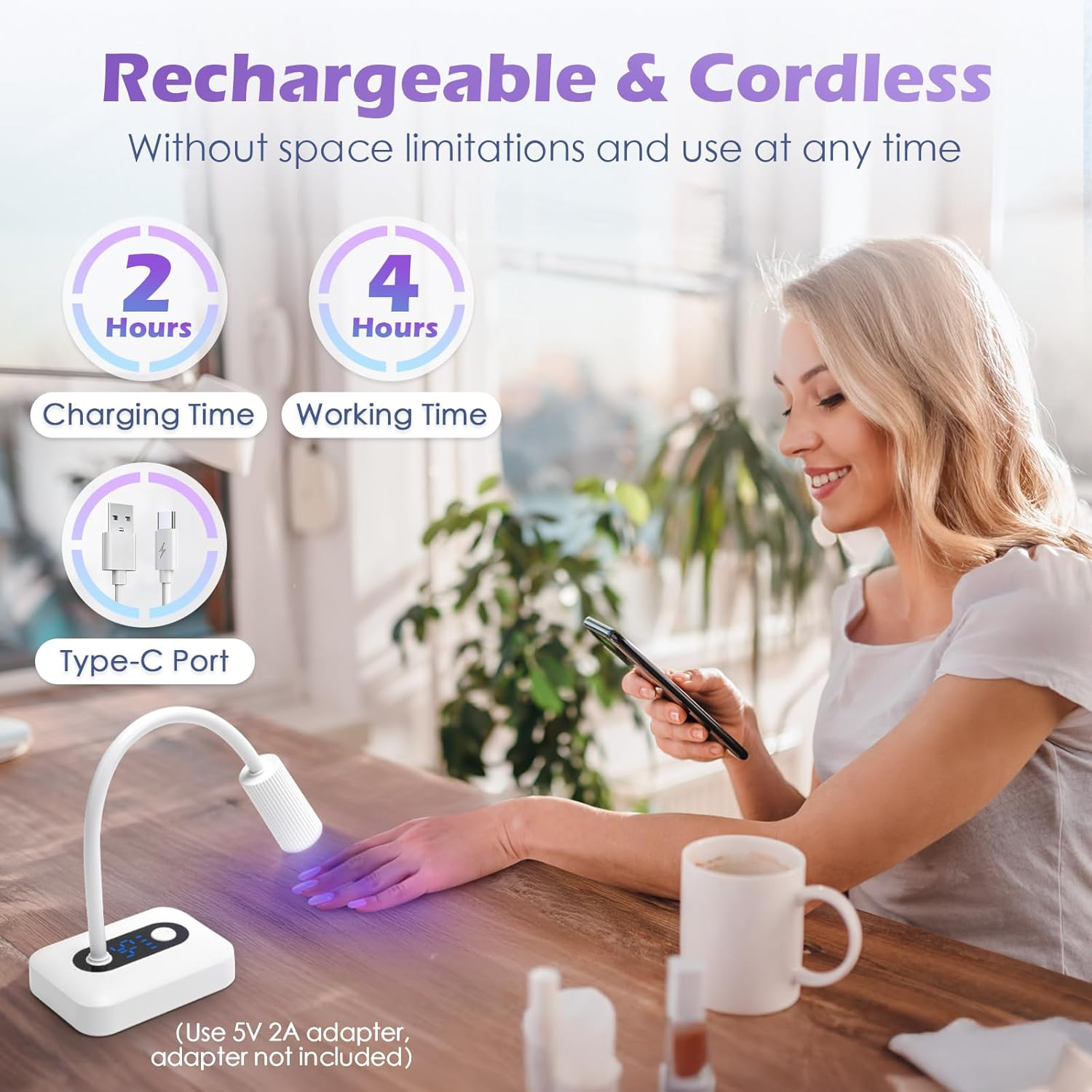 Rechargeable UV LED Nail Lamp - Cordless Nail Lamp with Auto Sensor, 360&deg; Adjustable Gooseneck Design with 3 Timer, Suitable for Salon Home Travel Manicure Use, White image number 4