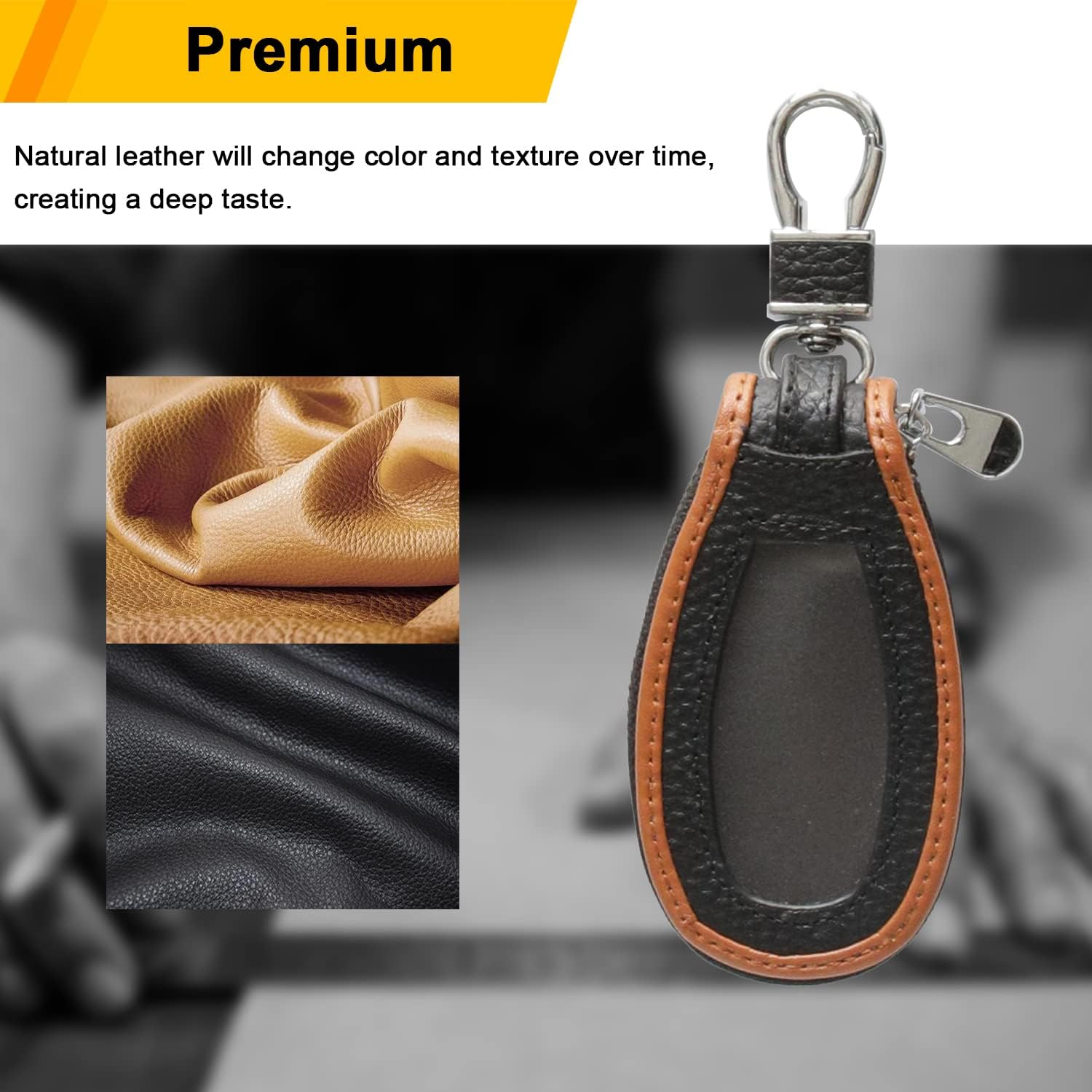 Universal Premium Car Key Fob Case Genuine Leather Car Smart Key Fob Holder for Remote Key Fob, Black-Brown, One Size image number 2