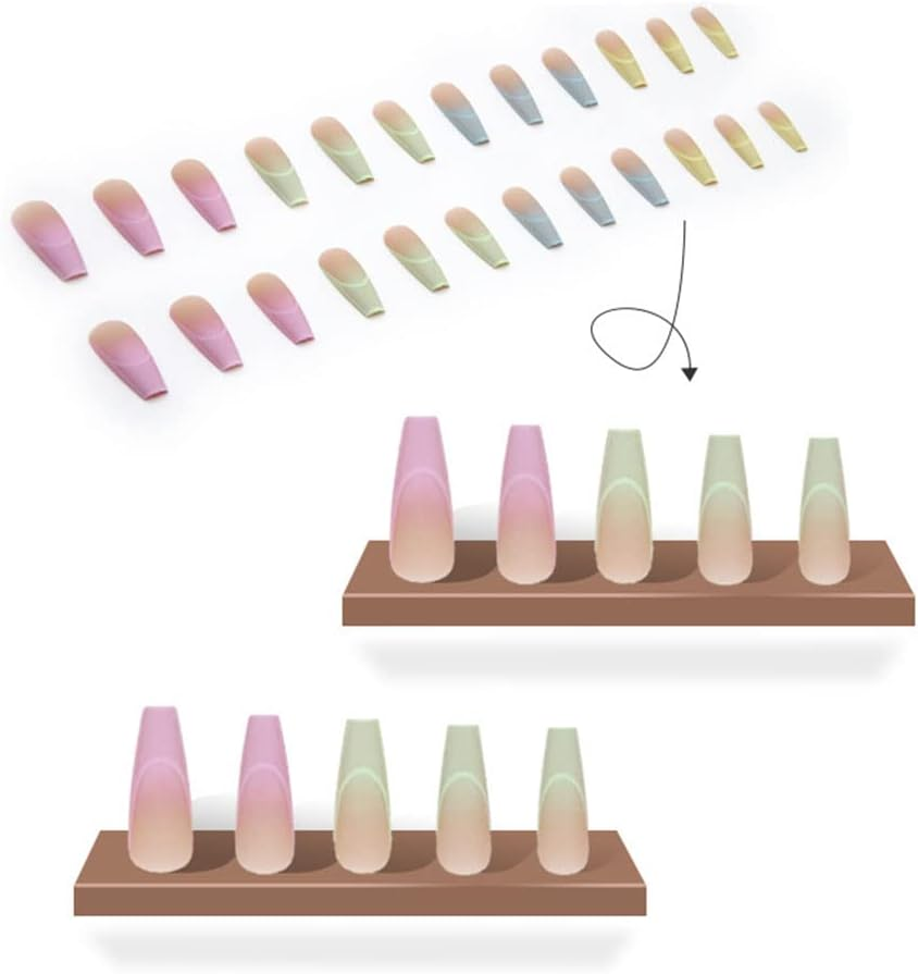 24PCS Cute Press on Nails Rainbow Coffin Fake Nails Full Cover False Nails Colorful Ballerina Nails Tips Acrylic Manicure with Glue for Women and Girls - Rainbow image number 5