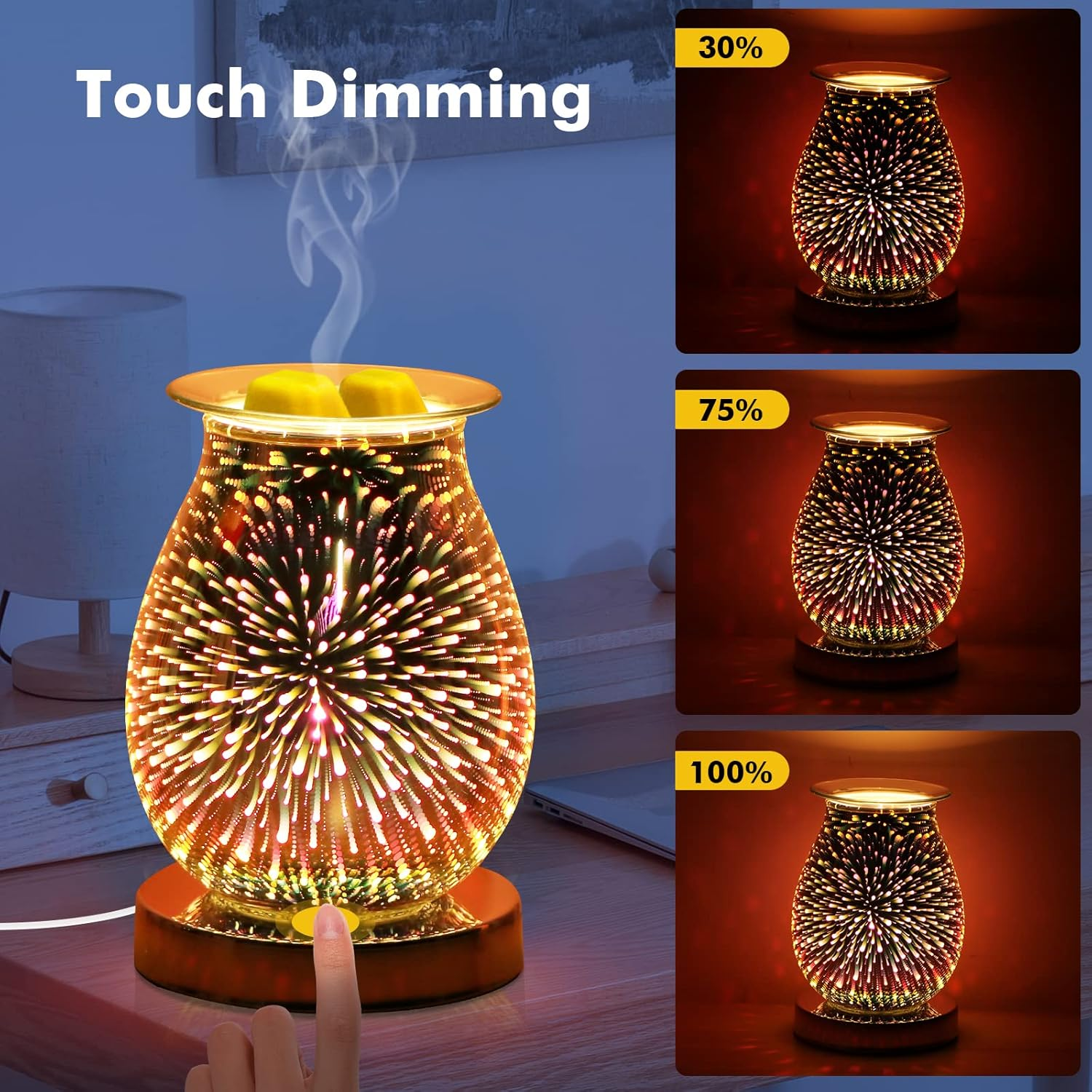 Glass Electric Oil Burner Wax Melts Fragrance 3D Fireworks Aroma Lamp Touch Control Night Light Home Decor for Office Bedroom Living Room (3D Fireworks) image number 2