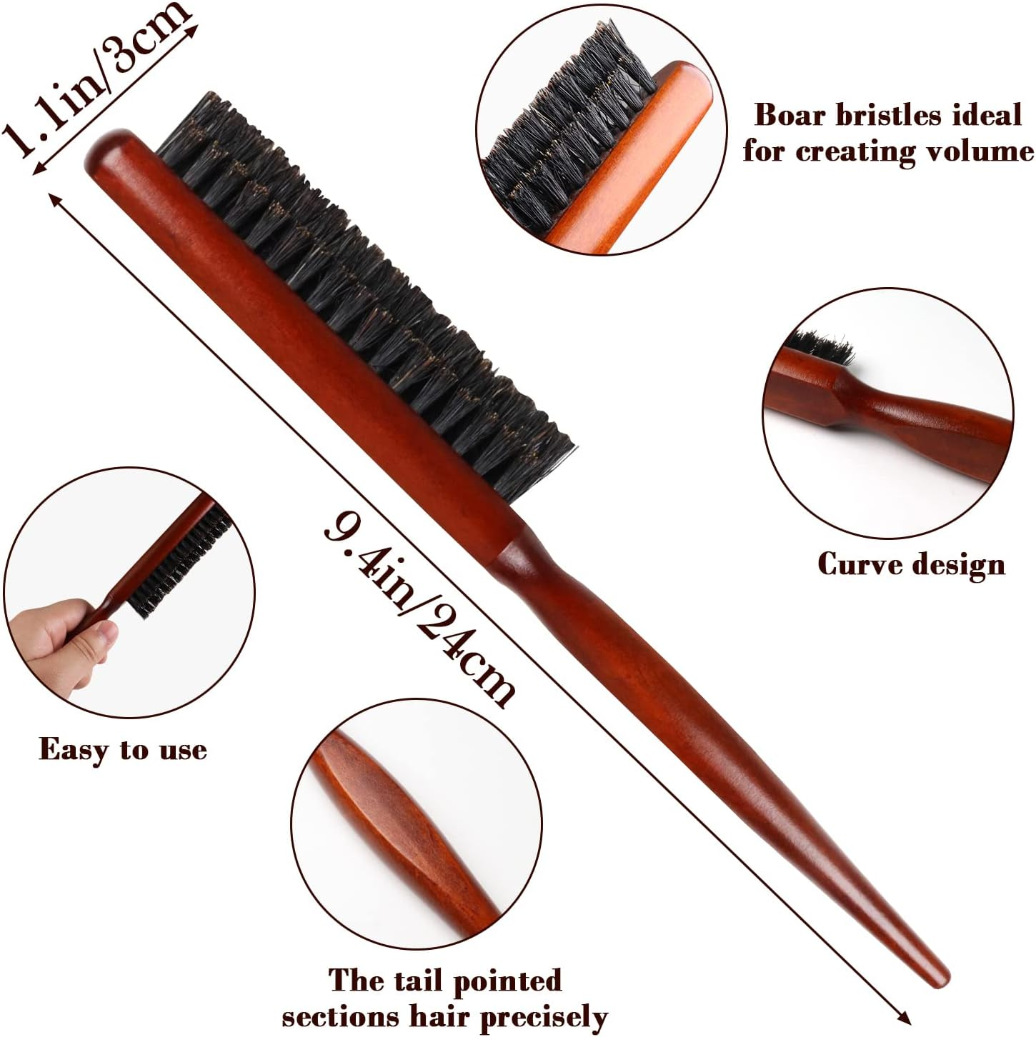 Boar Bristle Teasing Hair Brush for Women Wooden Teasing Comb with Rat Tail Pick for Hair Sectioning Used for Edge Control, Backcombing, Smoothing, and Styling Fine Hair to Create Volume image number 1
