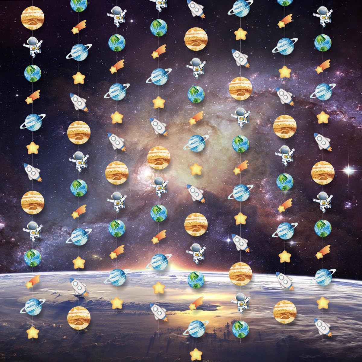 Outer Space Garland, Astronaut Rocket Shooting Star Hanging Decoration, Premium Paper Solar System Hanging Banner, for Kids Room, Space Themed Parties, Birthday Celebrations, Nursery Wall Decor image number 3