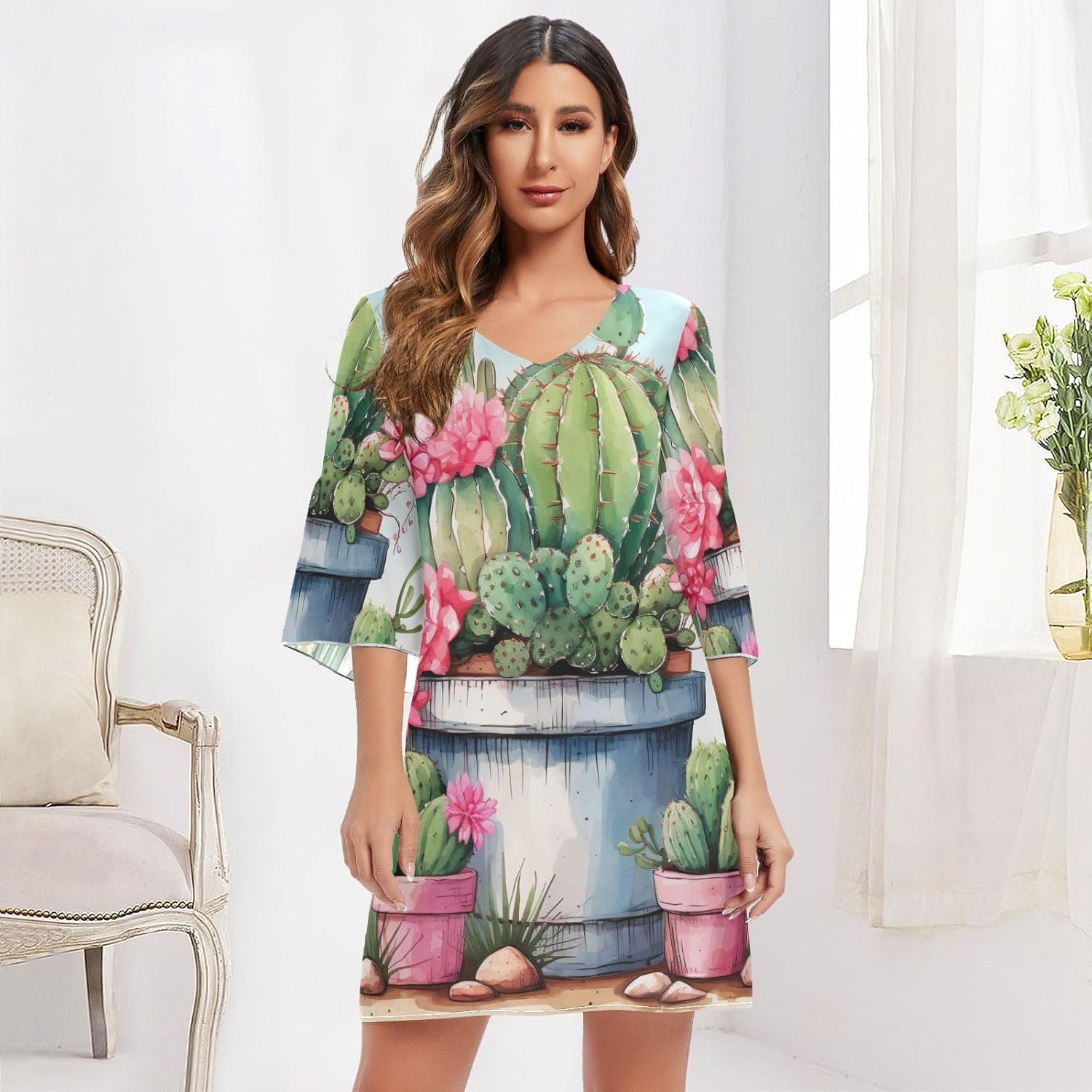 Cactus Flowers Chiffon V Neck Dress Printed Line Maternity Dress S-XXL