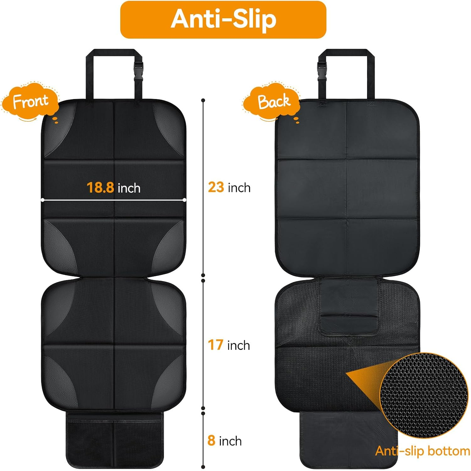 Musclez Car Seat Protectors for Child Car Seat, Baby Car Seat Cover Waterproof 600D Fabric Padding Non-Slip Backing 2 Mesh Pockets, Carseat Protector for Travel Vehicles Baby Pets (Black-1Pcs) - Black-2Pcs image number 6
