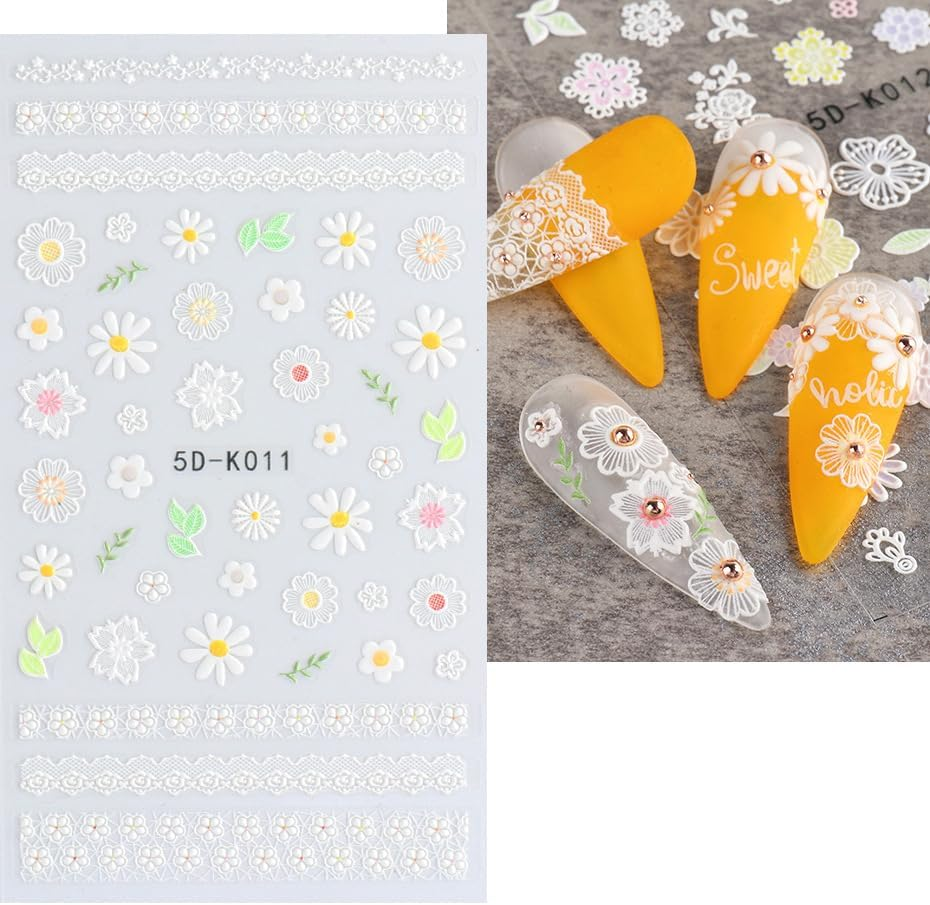 OSYLICT 3D Embossed Nail Art Stickers,5 Sheets Spring Flowers Heart Lace Self Adhesive Colorful Floral Nail Decals Supplies Accessories for Women Girls DIY Decoration image number 3