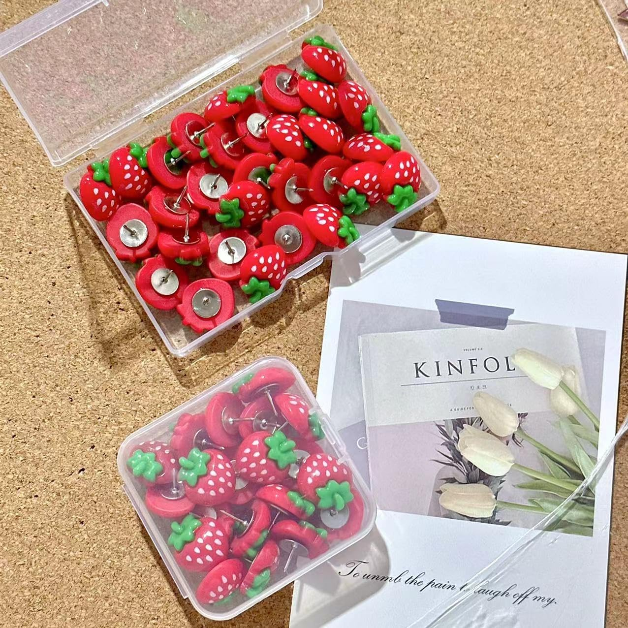 Liangang 30Pcs Strawberry Push Pins for Cork Board - Decorative Thumb Tacks for Photo Wall, Feature Wall, Map, Bulletin Board, Office or Home(30Pcs Strawberry) image number 1