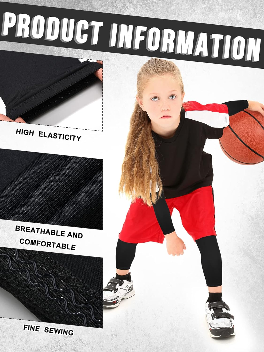 8 Pairs Kids Arm Sleeves and Basketball Leg Sleeves Set Non Slip Long Compression Leg Sleeves for Boys Girls Youth image number 7