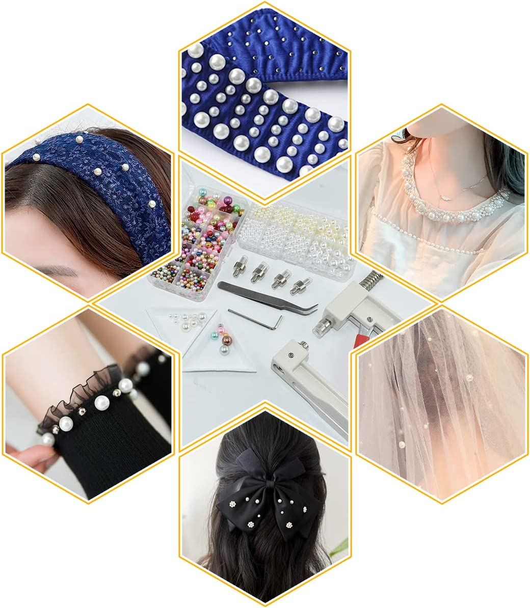 BDS-HOME Pearl Handmade Setting Machine with 5 Sizes of round Pearl ABS Beads Rivet Studs & 900 Pcs Nailheads Spots Studs Kit for Hats Shoes Clothes Bags Skirts Beads DIY Accessories, White (B-DZJ-W) image number 6