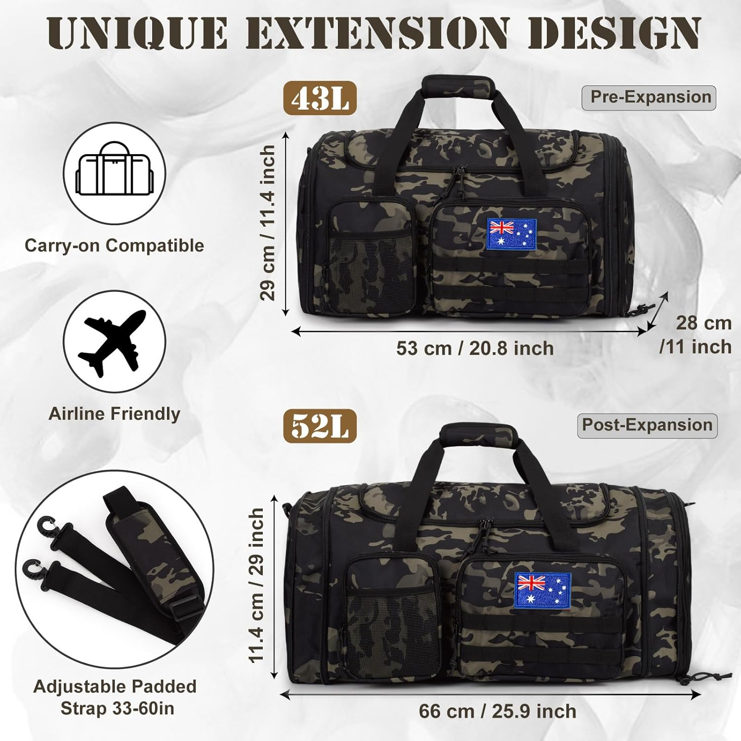 Tactical Duffle Bag for Travel Expandable 52L Large Duffle Bag for Men Gym Duffel with Wet Pocket Multi-Functional Carry on Bags Weekender Overnight Bag Organizer Duffel Bag for Travel - Blue image number 5