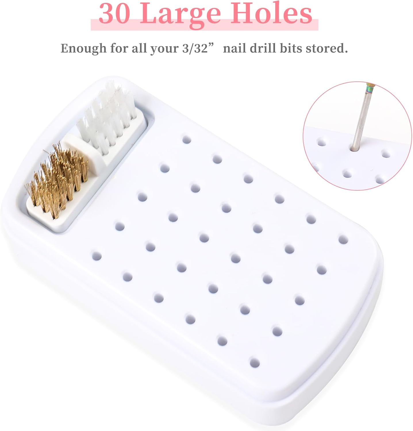 2 in 1 Nail Drill Bits Holder & Nail Drill Bits Cleaning Brush Case,30 Holes Dustproof Nail Art Drill Bits Stand Display Storage Box and Nail Drill Bits Cleaner Manicure Tools (White)