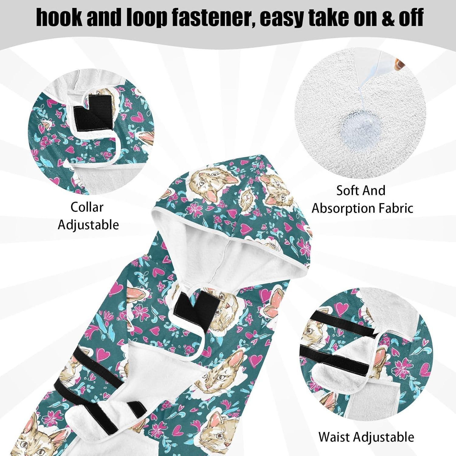 AIXIWAWA Cute Cat Heads Pet Bathrobe Towels with Adjustable Collar & Waist, Quick Absorbent Drying Coat for Cats and Dogs image number 2