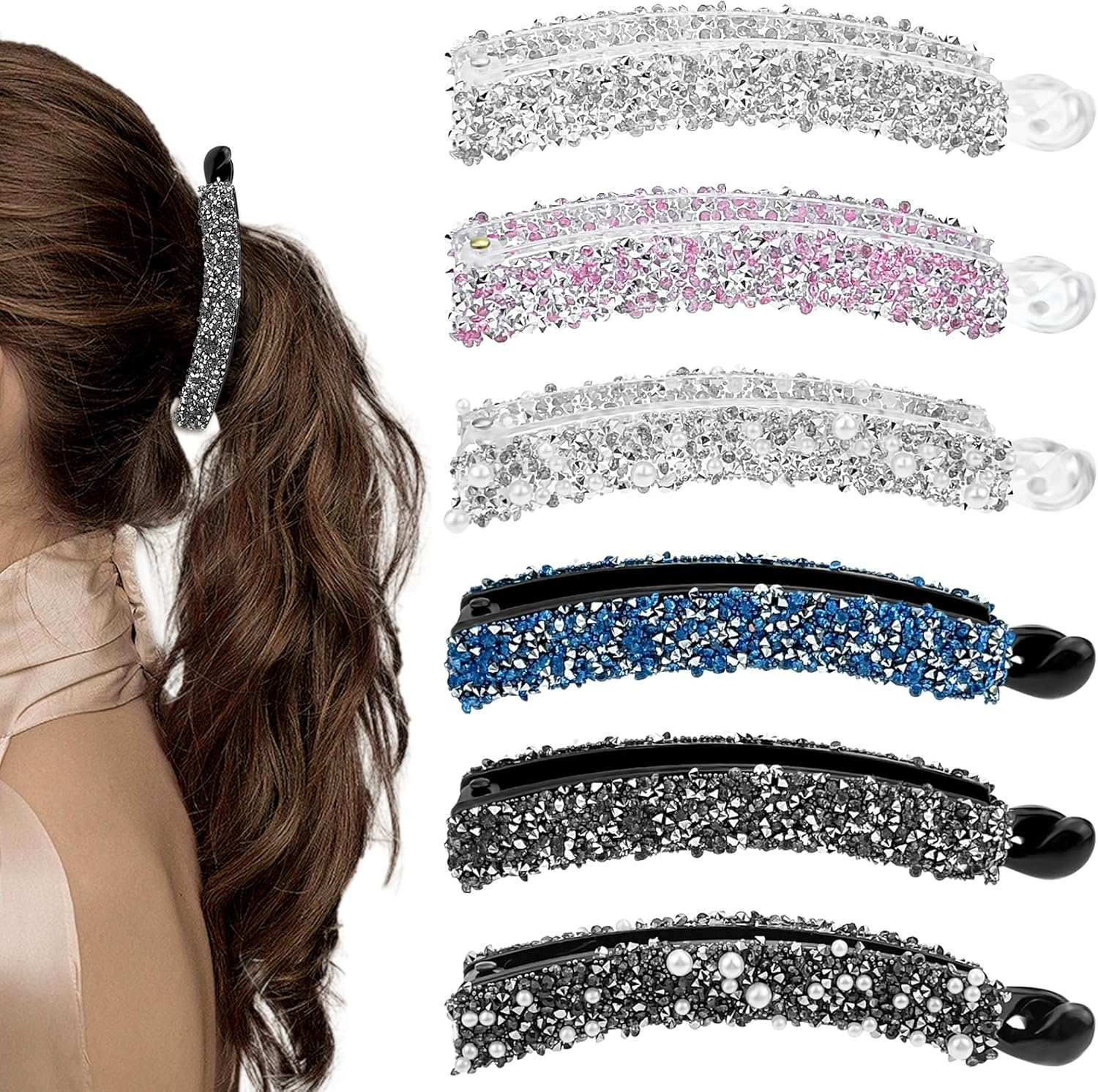 12 Pcs Rhinestones Pearl Banana Hair Clip for Thick Hair, Strong Hold Ponytail Holder Banana Clips Matte French Barrettes Fine Hair Jaw Clips Accessories for Women image number 1