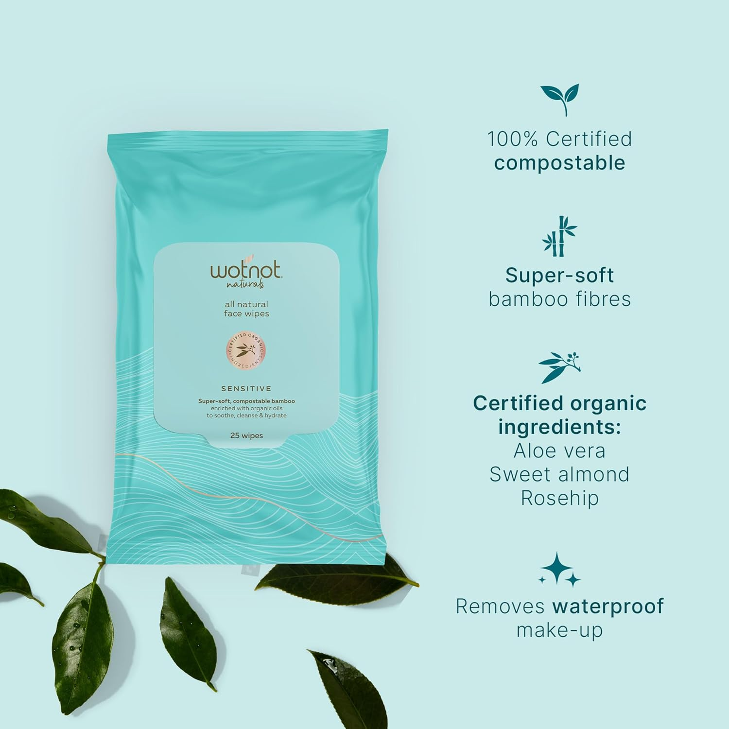 Wotnot Sensitive Face Wipes &ndash; Organic Aloe Vera, Rosehip & Sweet Almond Oil &ndash; Alcohol Free Makeup Remover for Sensitive Skin &ndash; Natural Biodegradable Bamboo Cleansing Wipes &ndash; Gentle & Soothing &ndash; 25 Pack
