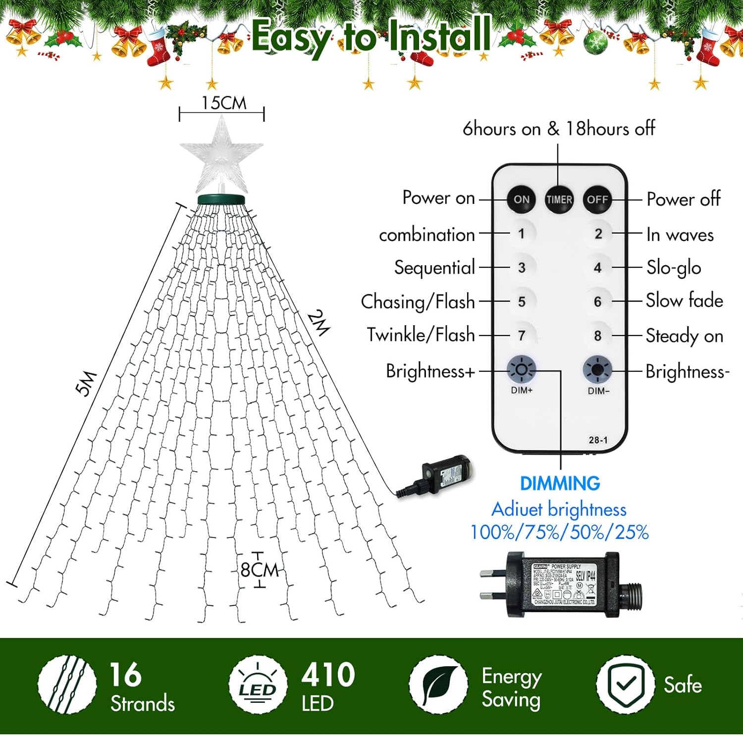 Christmas Tree Lights with Ring, 410 LED Twinkle Christmas Tree Lights with 8 Dynamic Modes, 2M X 16 Cascading String Light with Timer Waterproof for Indoor Xmas Decorations, Multicolor image number 2