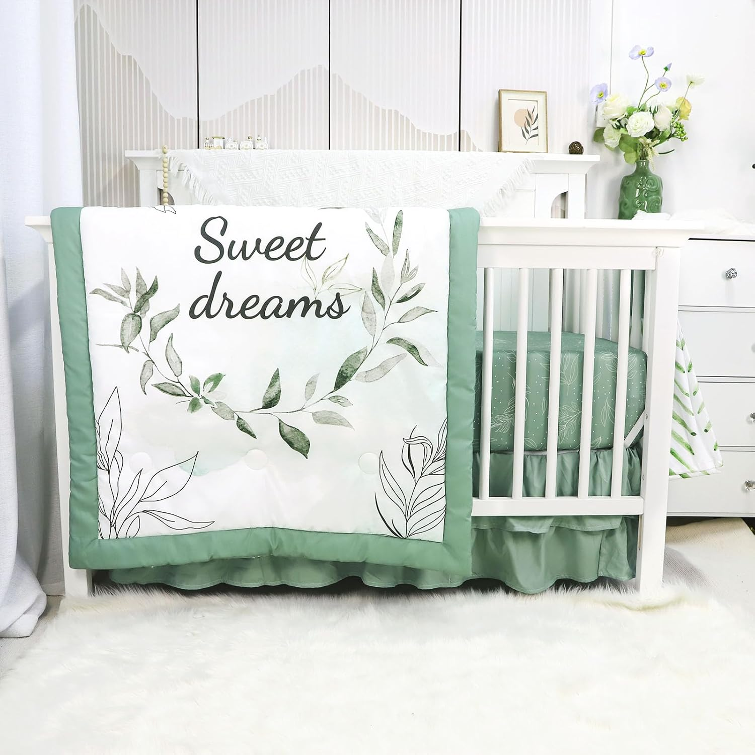 Green Leaf 4-Piece Crib Bedding Set, Baby Boy Bedding Crib Set, Neutral Nursery Bedding Set,Fitted Crib Sheet,Crib Skirt, Baby Quilt, and Diaper Stacker,Sage image number 6
