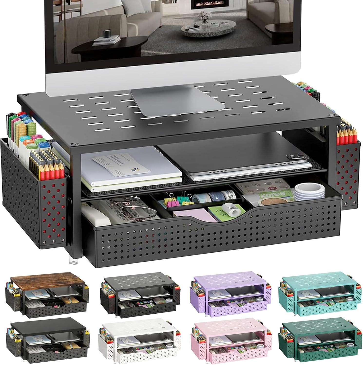 Gianotter Monitor Stand Riser, Desk Organizer with Drawer and Pen Holder, 2-Tier Computer Stand, Desk Accessories & Workspace Organizers(White)