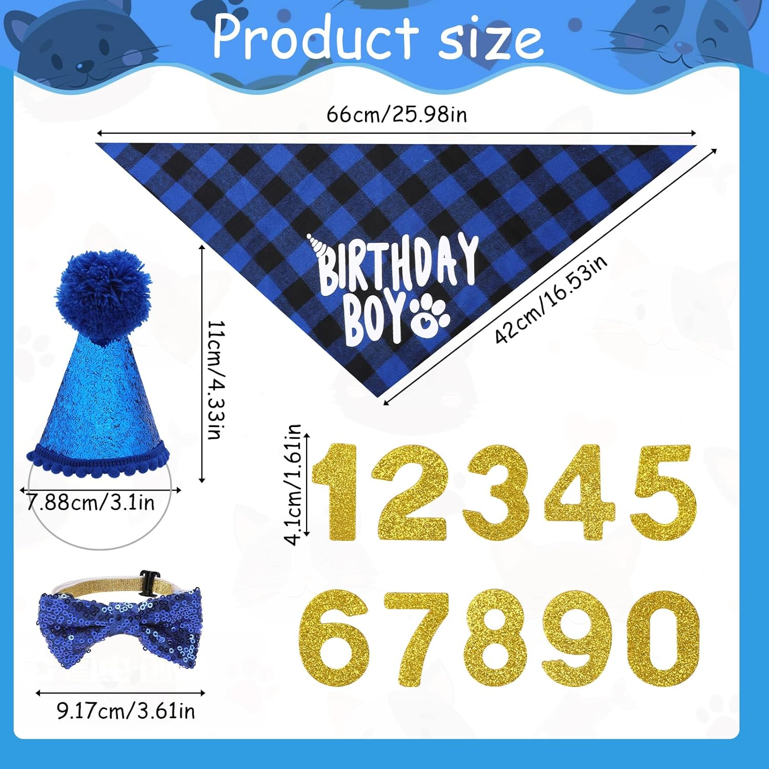 Cat Birthday Party Supplies Breakaway Plaid Cat Birthday Boy Bandana Collar with Bow Tie Cat Kitten Birthday Hat Birthday Number Cat Birthday Outfits Decorations for Cat Kitten image number 1
