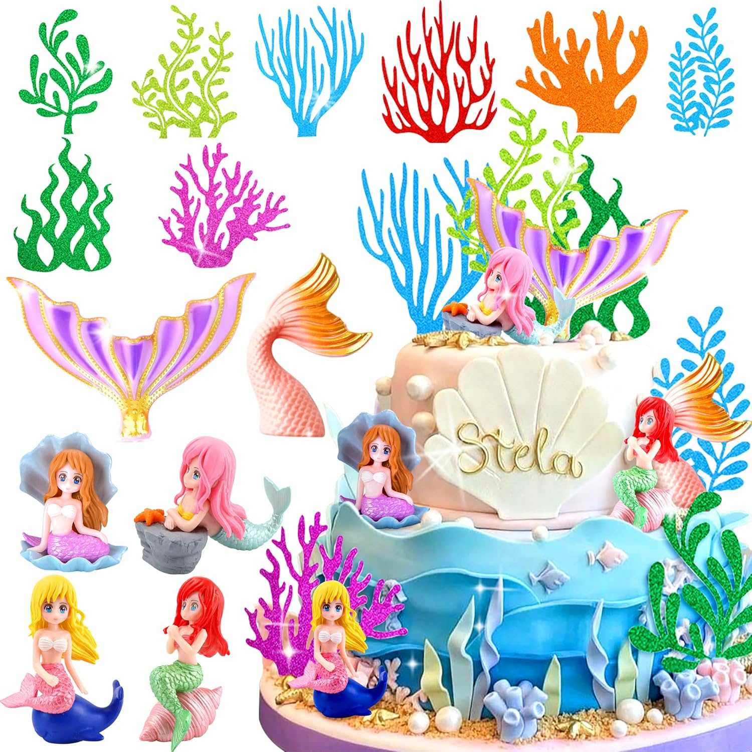 Jevenis Little Mermaid Cake Topper under the Sea Cake Decoration Seashell Cake Toppers Mermaid Tail Cake Topper Mermaid Party Supplies image number 1