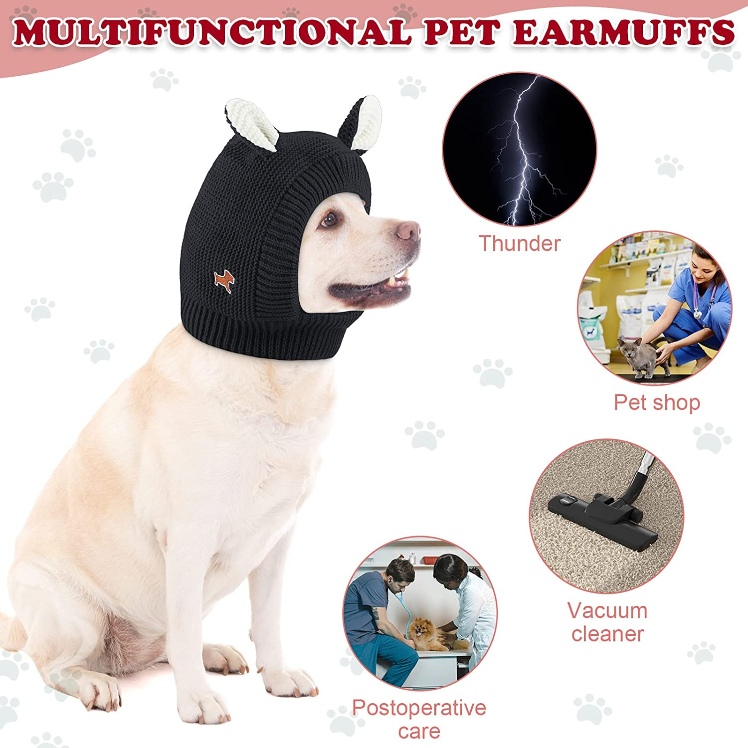 Quiet Ears for Dogs - Noise Protection Ear Muffs, Knitted Hat, Warm Ear Cover, Winter Snood Head Wrap, Bunny Costume for Medium to Large Dogs, Cats, Pets (Black) image number 1