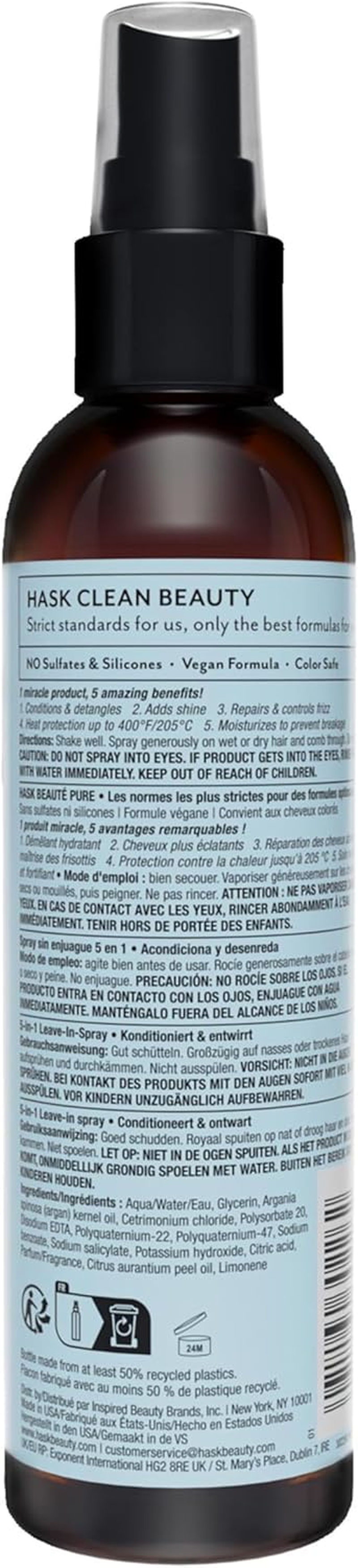 HASK Argan Oil Repairing 5-In-1 Leave-In Conditioner for All Hair Types, Colour Safe, Gluten-Free, Sulfate-Free, Paraben-Free - 1 175 Ml Bottle