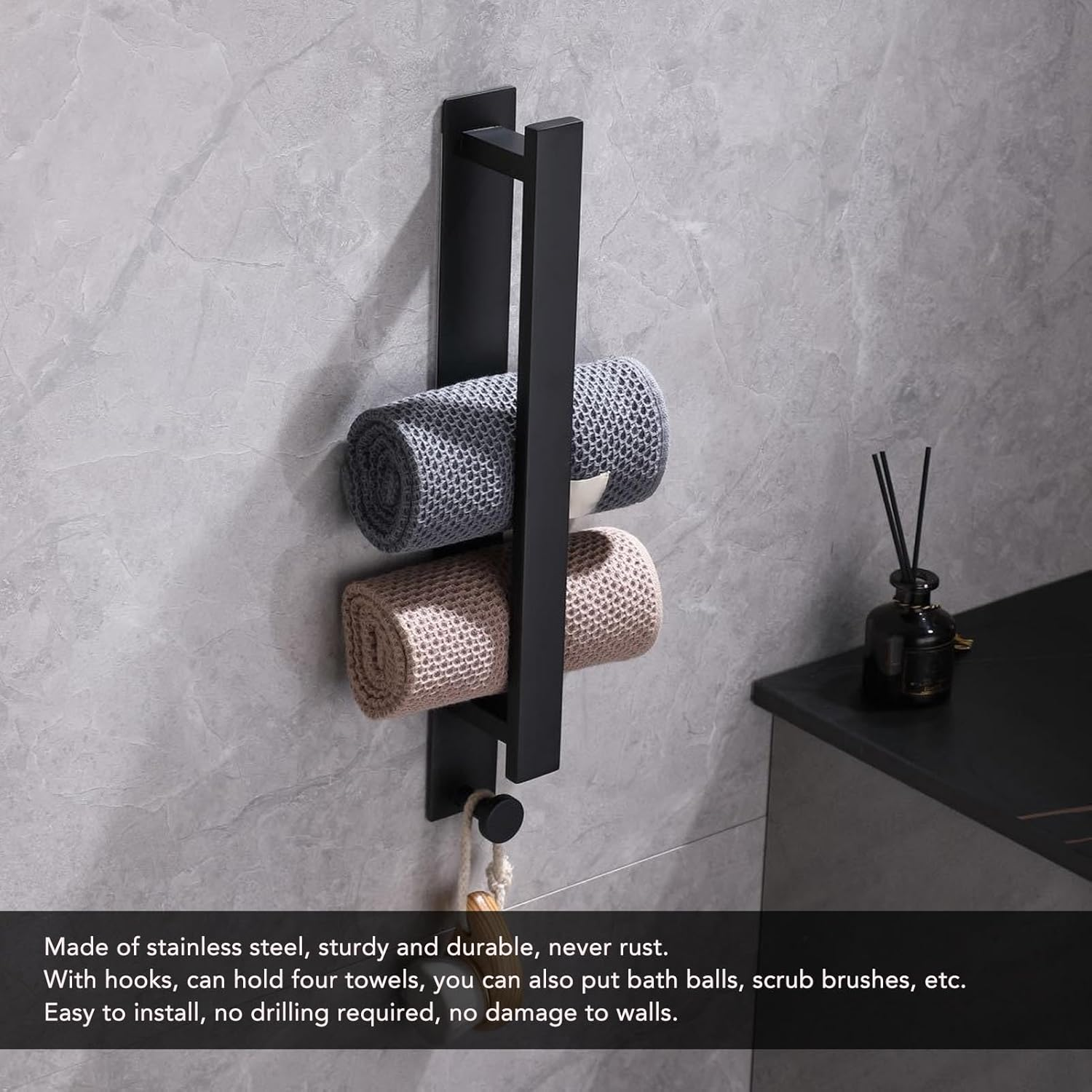 304 Stainlsteel Vertical Towel with Hooks Wall Mounted Black Bath Towel Storage Rack Multifunctional Design 15.8X1.8X2.4Inch