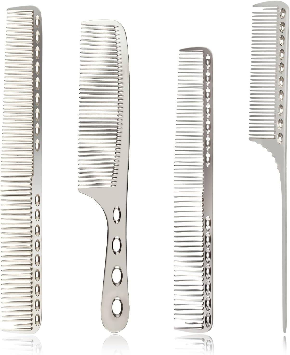 4 Types Metal Comb Set Professional Aluminum Dressing Comb Hair Comb Set for Barber Hair Styling, Included Fine Cutting Comb, Rat Tail Comb, Detangling Comb