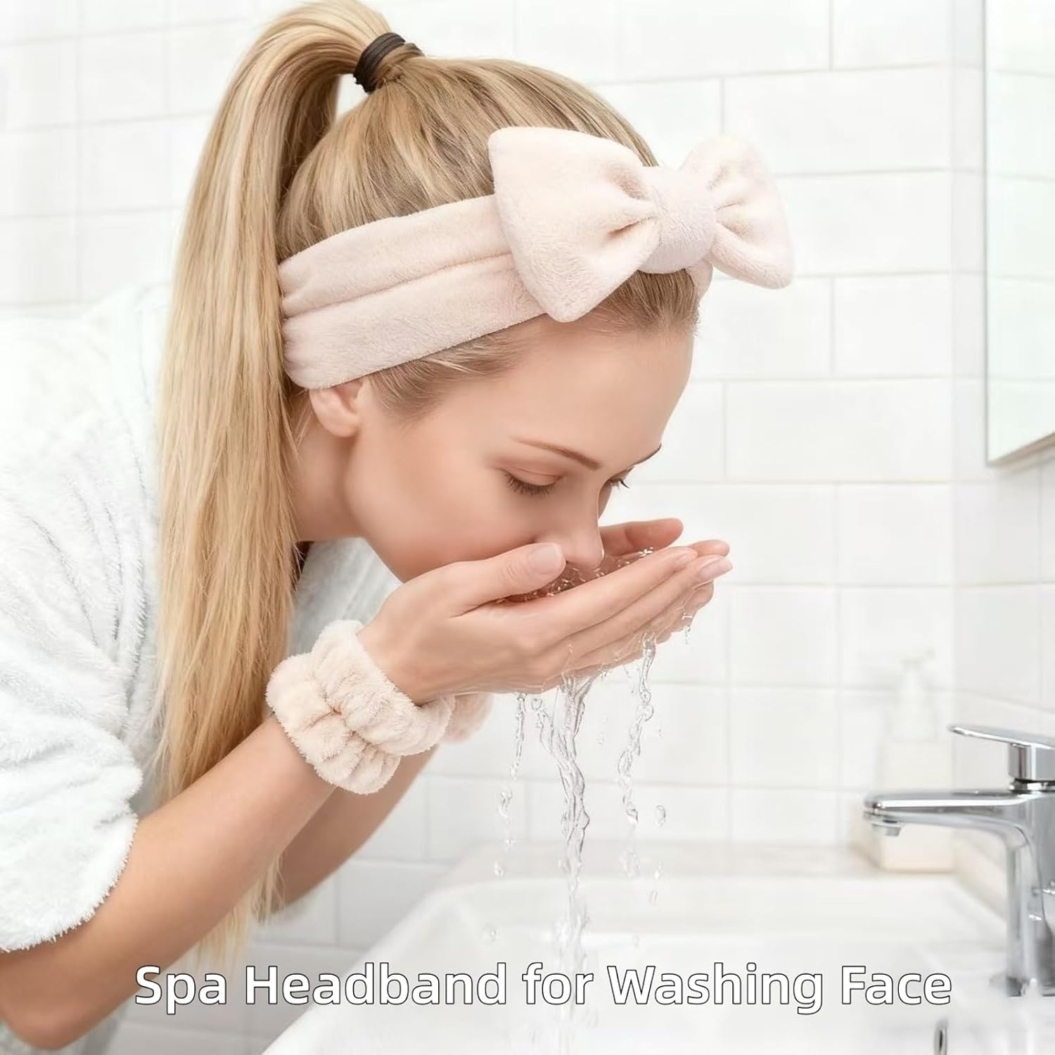 Yaqulen 7-Piece Spa Set, Facial Headband, Spa Headband and Wristband Set, Skincare Headband, College Style Girl Gift, Hair Accessories for Women and Girls(Khaki) image number 1