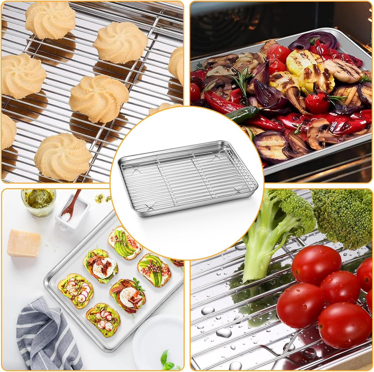 4 Pcs Baking Sheets & 4 Pcs Baking Racks, Oven Baking Pans, Stainless Steel Baking Pan Cookie Sheet with Cooling Rack, Sheet Oven Tray & Cooling Grid Rack Rust Warp Resistant Nonstick (23*17*2.5CM) image number 2