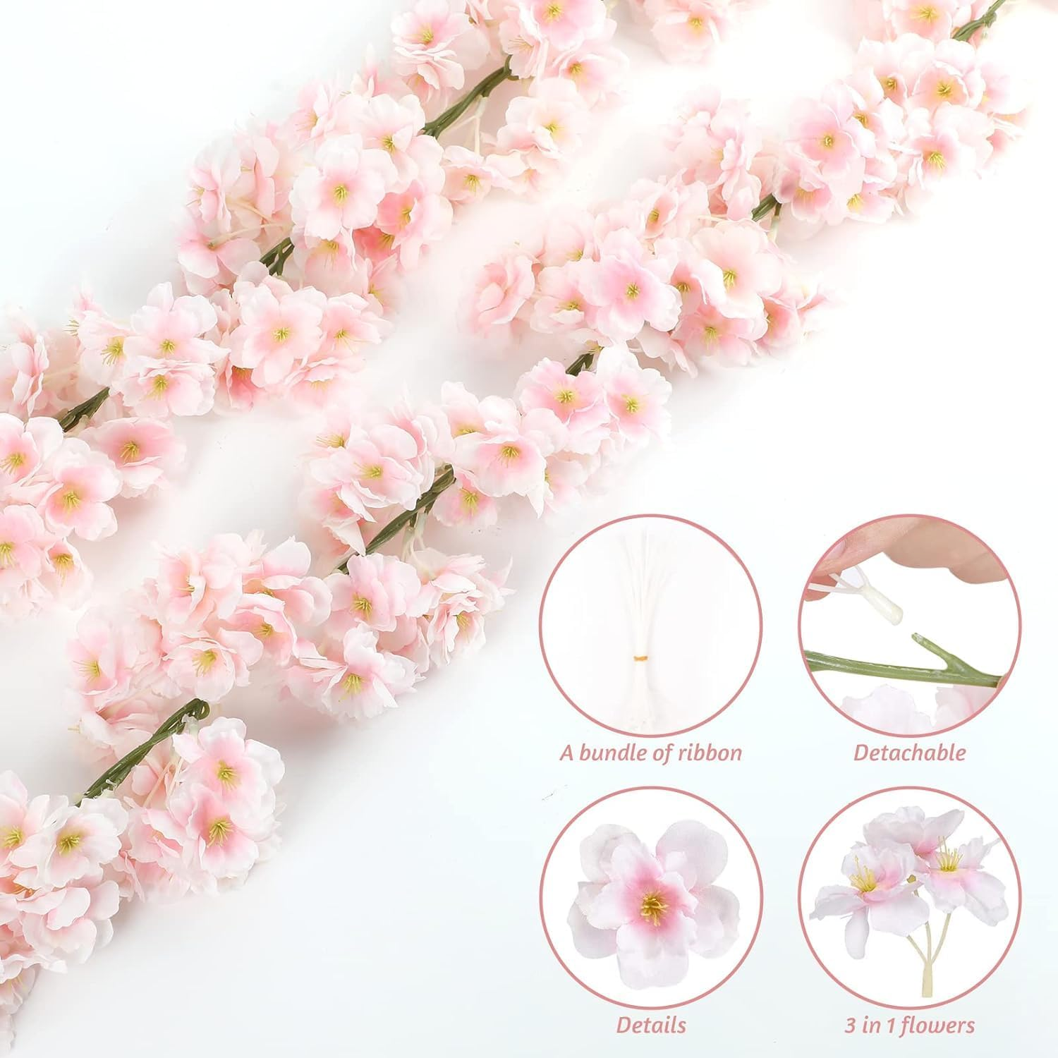WOYAODONG 2Pcs Artificial Cherry Blossom Flower Vines Outdoor Hanging Garland for Wedding Party Decor,Pink image number 4