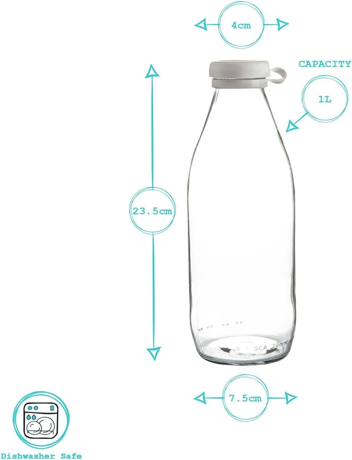 Argon Tableware Glass Milk Bottle with Silicone Lid - 1 Litre - Empty Clear Reusable BPA Free Water Bottle Orange Juice Container for Fridge Storage, Picnics, Weddings image number 3