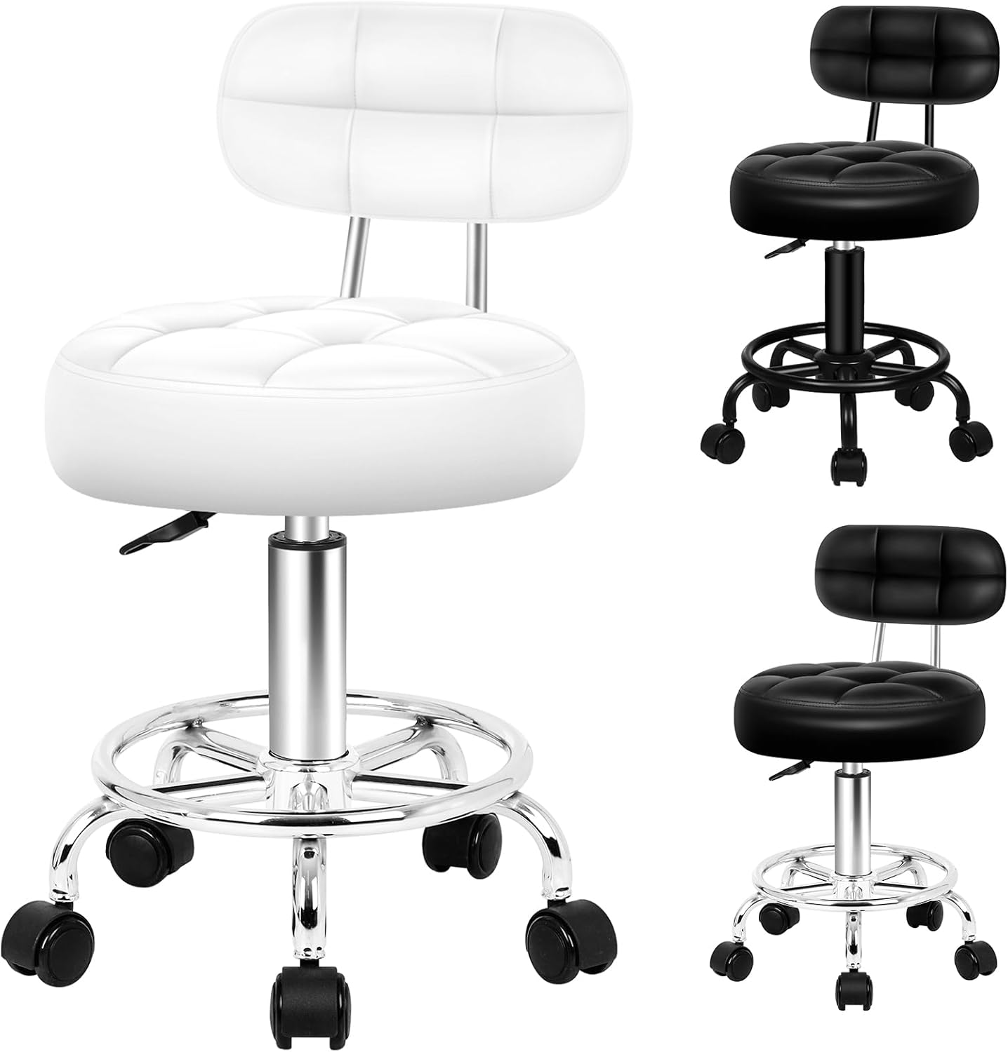 ALFORDSON round Salon Stool PU Leather Upholstery with Backrest, Adjustable Drafting Rolling Stools in 52-67Cm Height, Swivel Spa Chair with Footrest for Hair Barber Massage Table(Riley All Black)