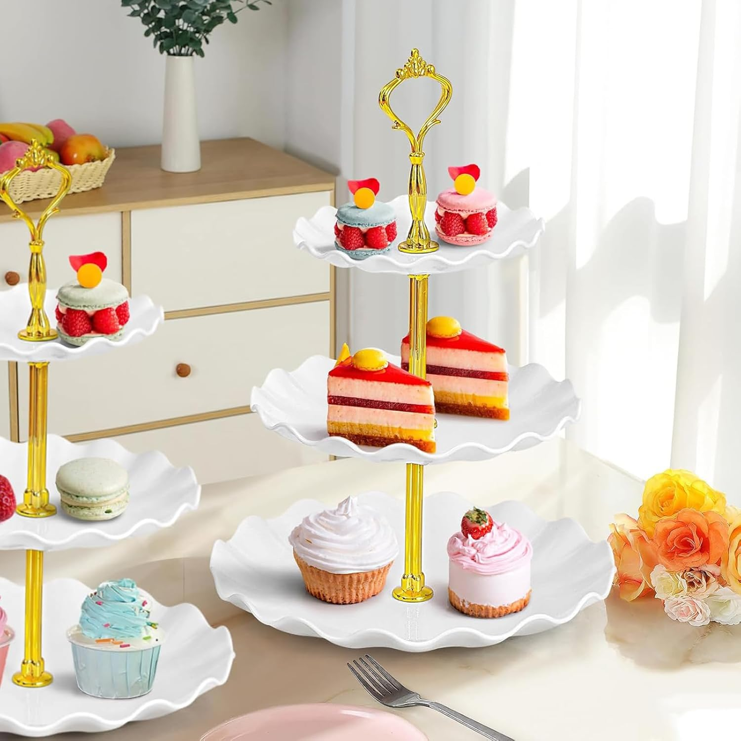 12 Pcs Dessert Table Display Set, Dessert Cupcake Stand,4 Pcs 3 Tier Cupcake Stand Tower Holder and 6 Pcs Serving Tray and 2 Tongs for Tea Party Birthday Baby Bridal Shower Party image number 5